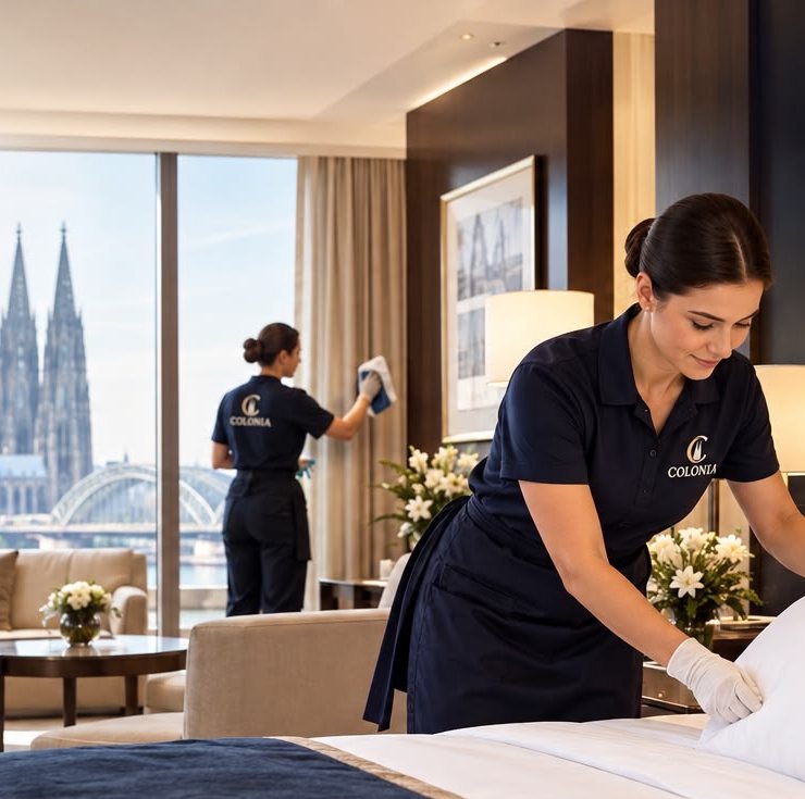 Mitarbeiterin der Colonia Dienstleistungsgruppe bezieht ein Hotelbett, im Hintergrund der Kölner Dom